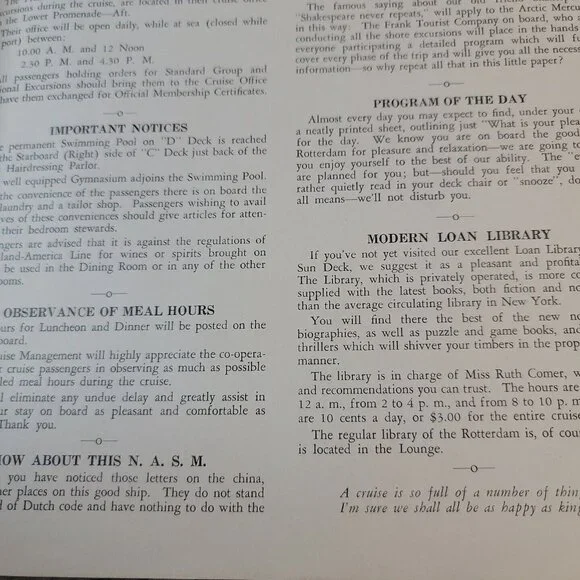 1938 T.S.S. Rotterdam North Cape Russia Cuise Itenerary Ship's Program Journal